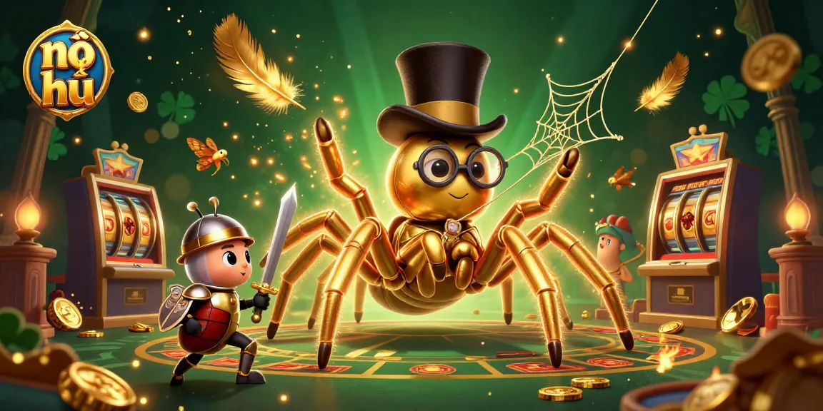 Nổ hũ gameplay featuring a giant golden tarantula and beetle knight in a casino setting.