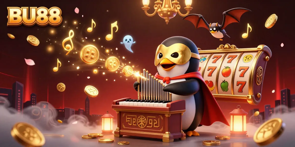 Experience the excitement of BU88 as a penguin organist unleashes gold coins amidst lively slot symbols.