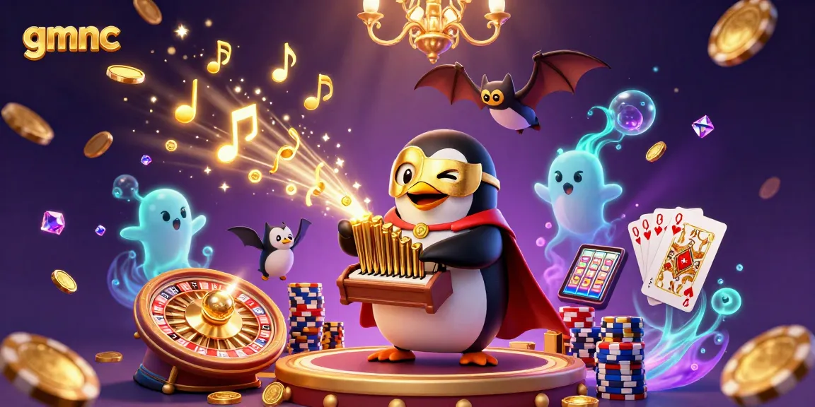 Engaging illustration of gmnc showcasing a penguin organist and coins in a vibrant casino