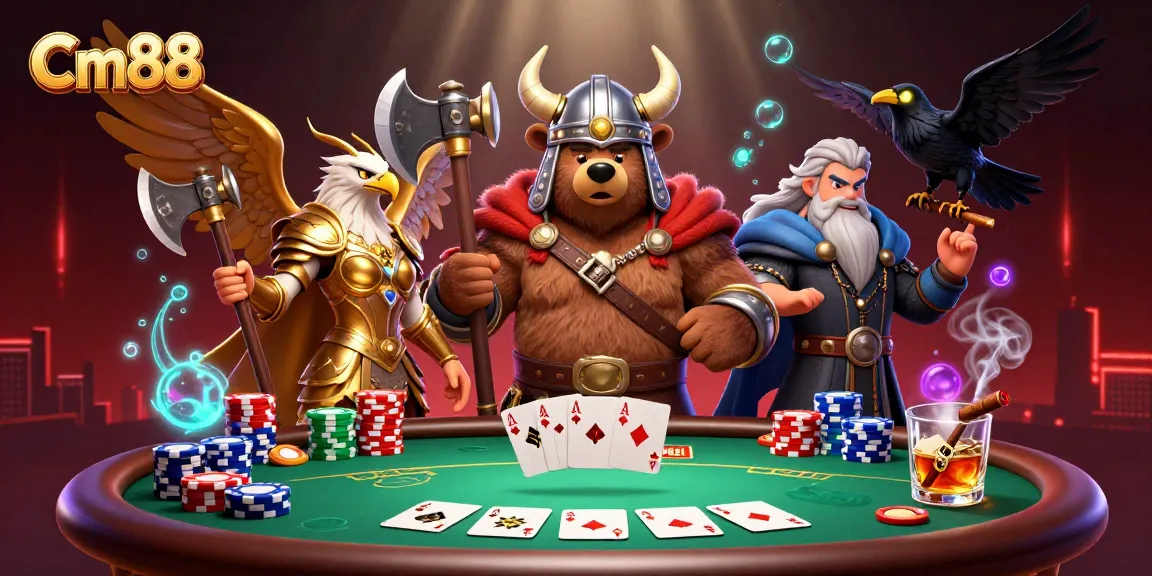 Engage in thrilling games at Cm88 with a Viking berserker, Valkyrie eagle, and poker elements.