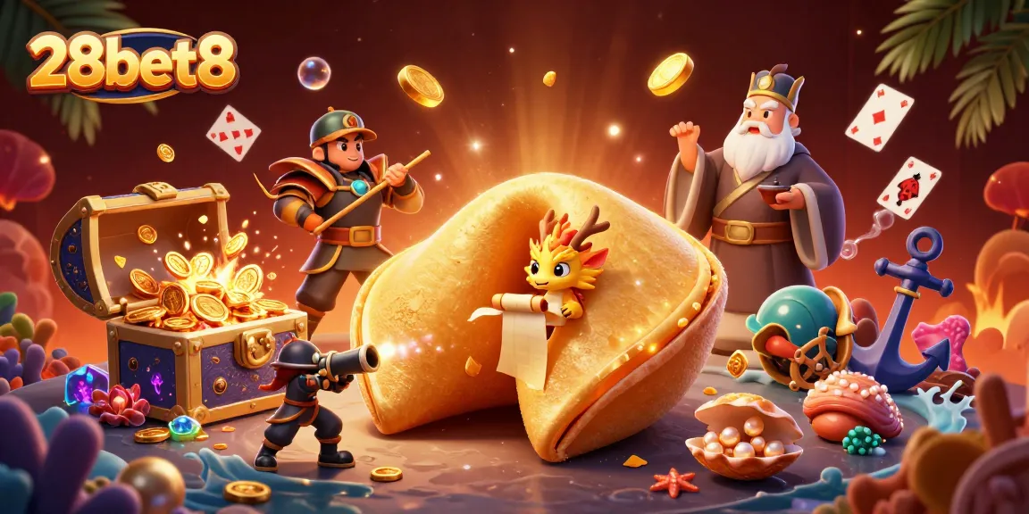 Join the adventure at 28bet8's casino scene, featuring vibrant 3D characters and treasure.