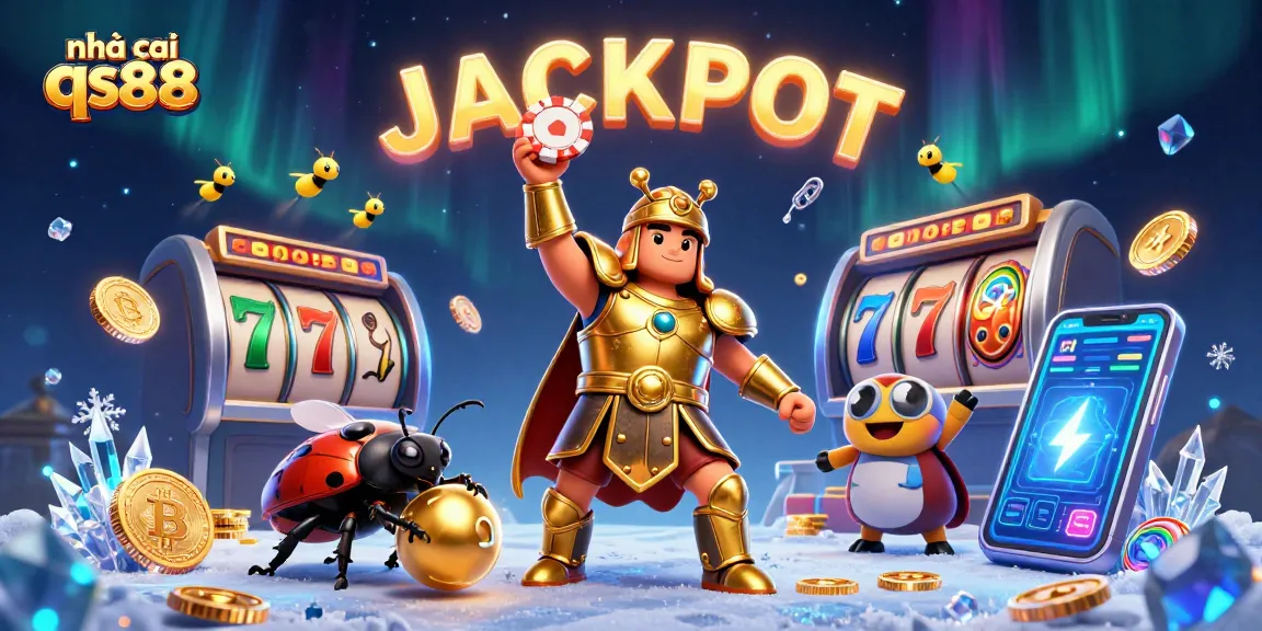 Experience a thrilling victory at nhà cái qs88 with a hercules beetle lifting a poker chip amidst a vibrant casino scene.