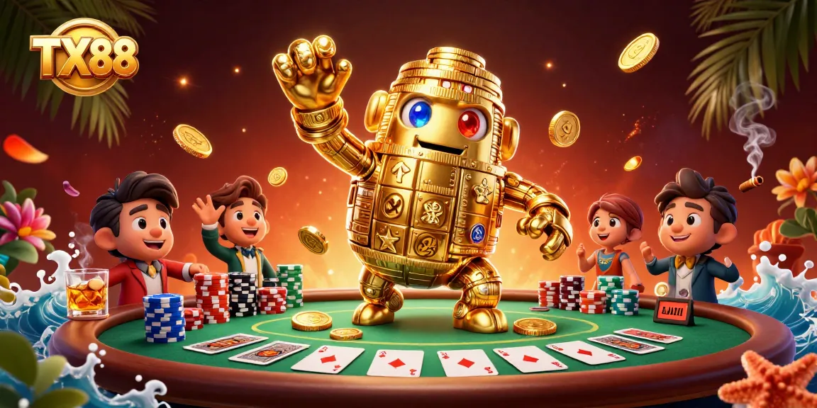 Experience dynamic gaming with TX88 in this colorful casino scene featuring poker elements and a golden golem.