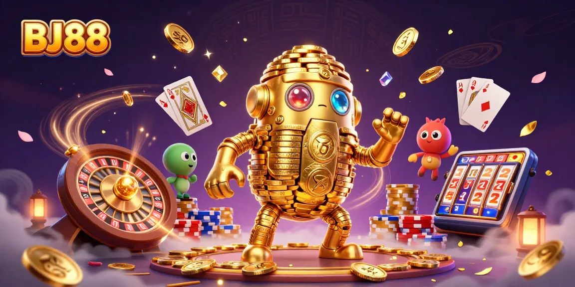 Experience thrilling gameplay at BJ88 with dynamic scenes of golden golems and casino elements.