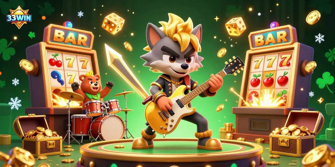 Experience big wins at 33WIN with a lively casino-themed illustration featuring a rock star wolf and exciting game elements.