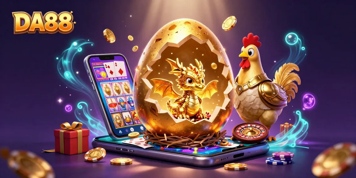DA88 showcases excitement as the golden dragon reveals poker chips in an energetic casino scene.