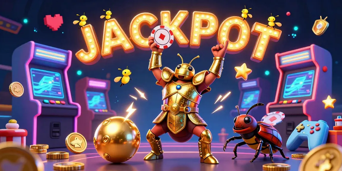 9BET celebrates victory with a hercules beetle and vibrant casino game elements, showcasing excitement in online betting.