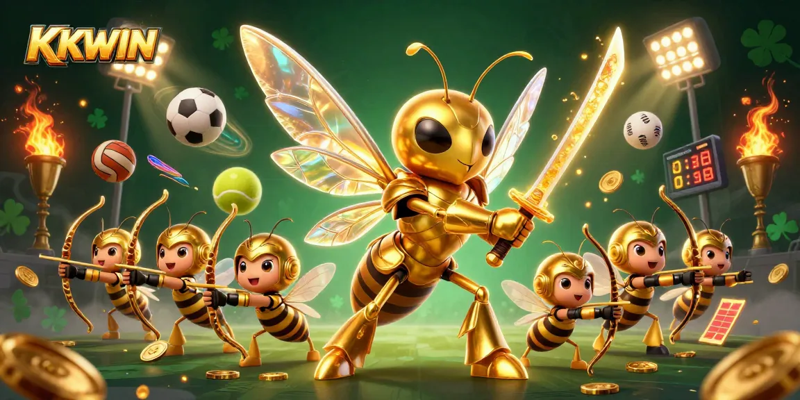 Engage in thrilling gameplay with KKWIN, featuring a golden hornet warrior leading a vibrant casino battle.