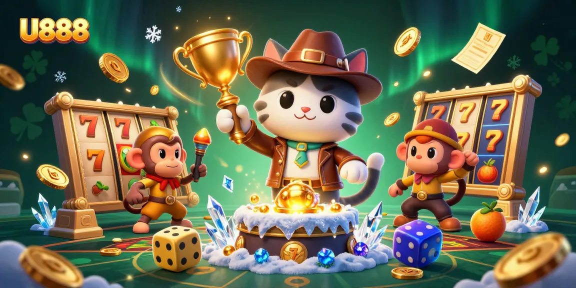 Experience U888 with a dynamic illustration of an archaeologist cat discovering a golden casino artifact.