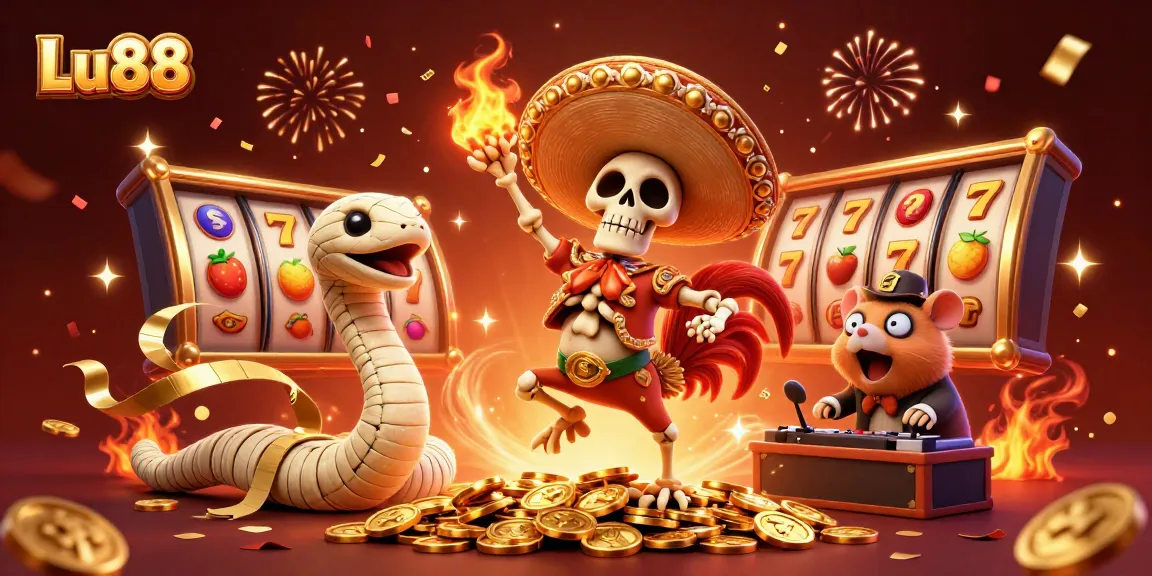 Experience epic wins at Lu88 as a cartoon rooster celebrates with golden coins in a stunning casino scene