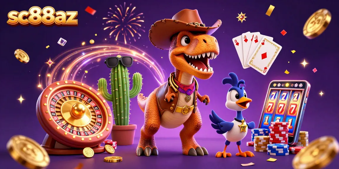 Experience exciting casino games with sc88az's playful cowboy dinosaur and vibrant elements.