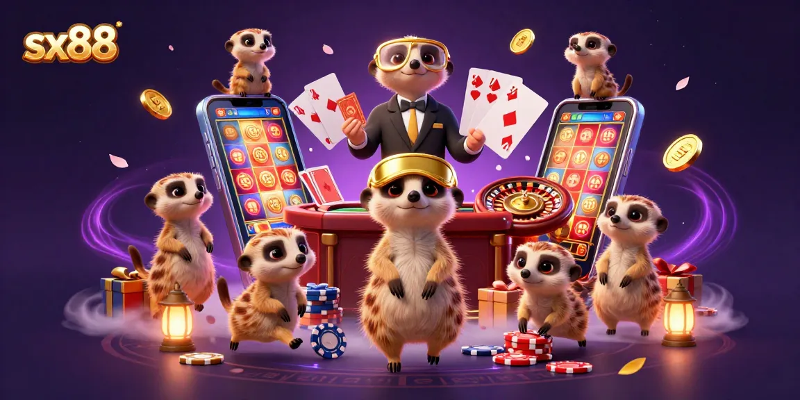 SX88 meerkats manage a lively casino with colorful slot games and golden coins erupting.