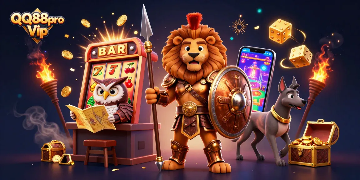 Win big with QQ88pro Vip in this vibrant casino illustration featuring dynamic gaming action.