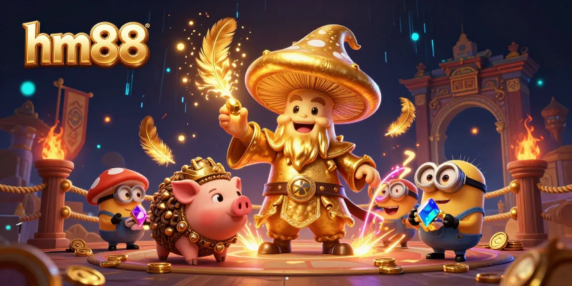 Bet on exciting adventures with hm88's magical golden wizard and treasure-hunting pig in a captivating casino scene.