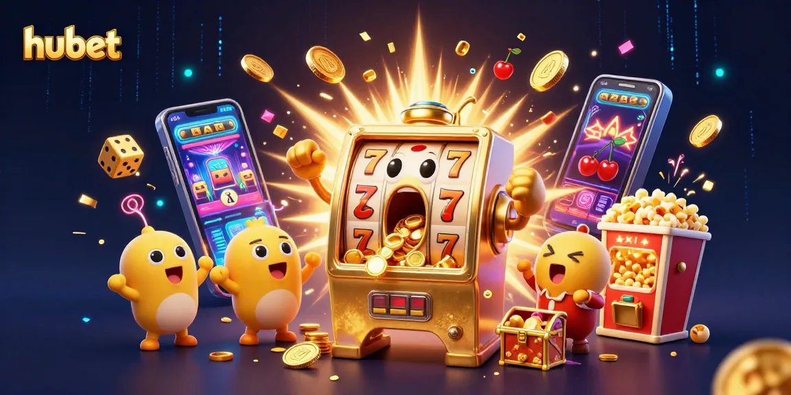 Win big prizes with hubet as a golden slot machine hits a jackpot, surrounded by cheering baby slots and explosions of coins.