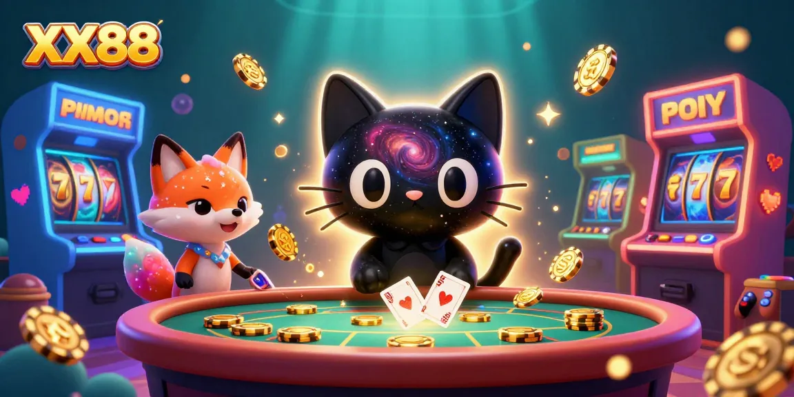Engage with XX88's cosmic casino featuring a black hole cat and nebula fox amidst vibrant slot games.