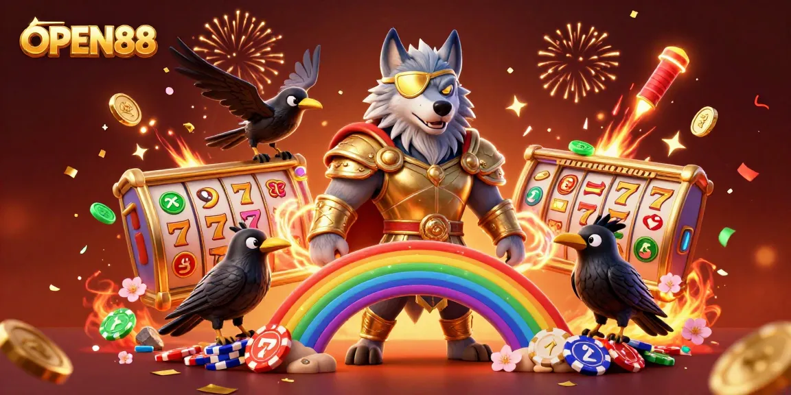 Experience exciting games at OPEN88 with a vibrant casino scene featuring iconic characters and elements.
