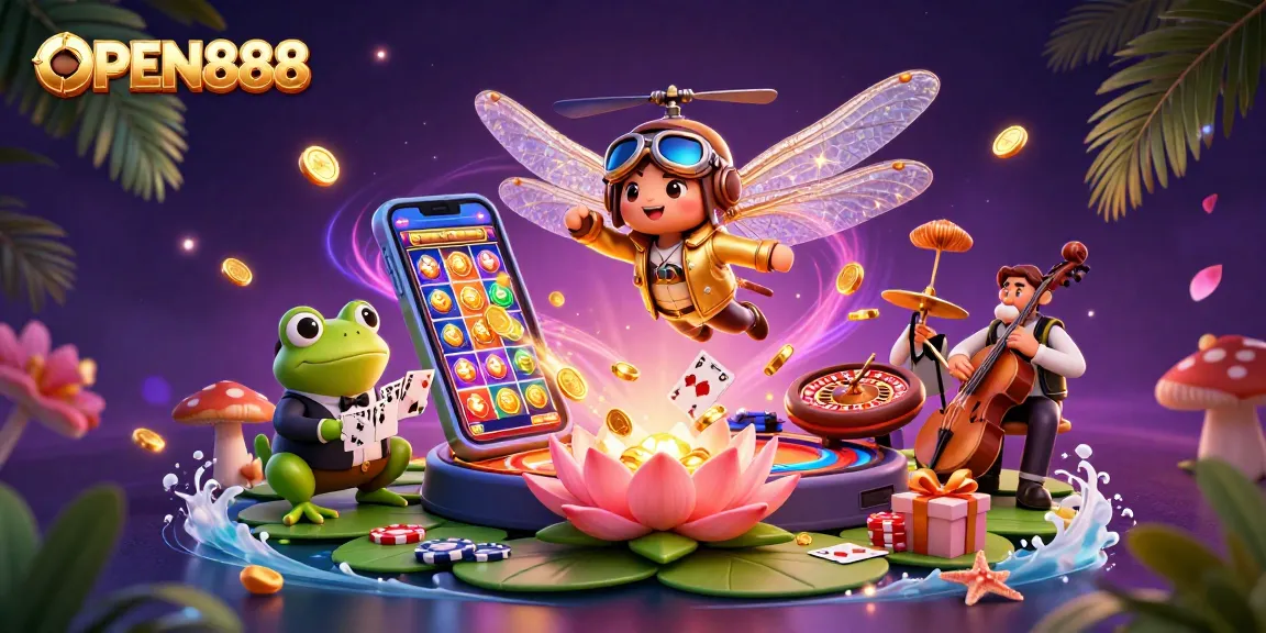 Experience thrilling gameplay with OPEN888 as a dragonfly pilot hovers above a vibrant casino.