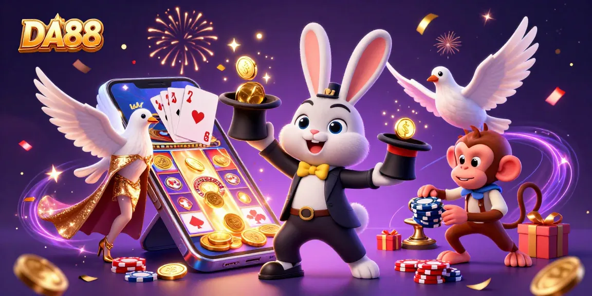 Engage with DA88's magical scene featuring a rabbit, dove, and monkey in a vibrant casino.