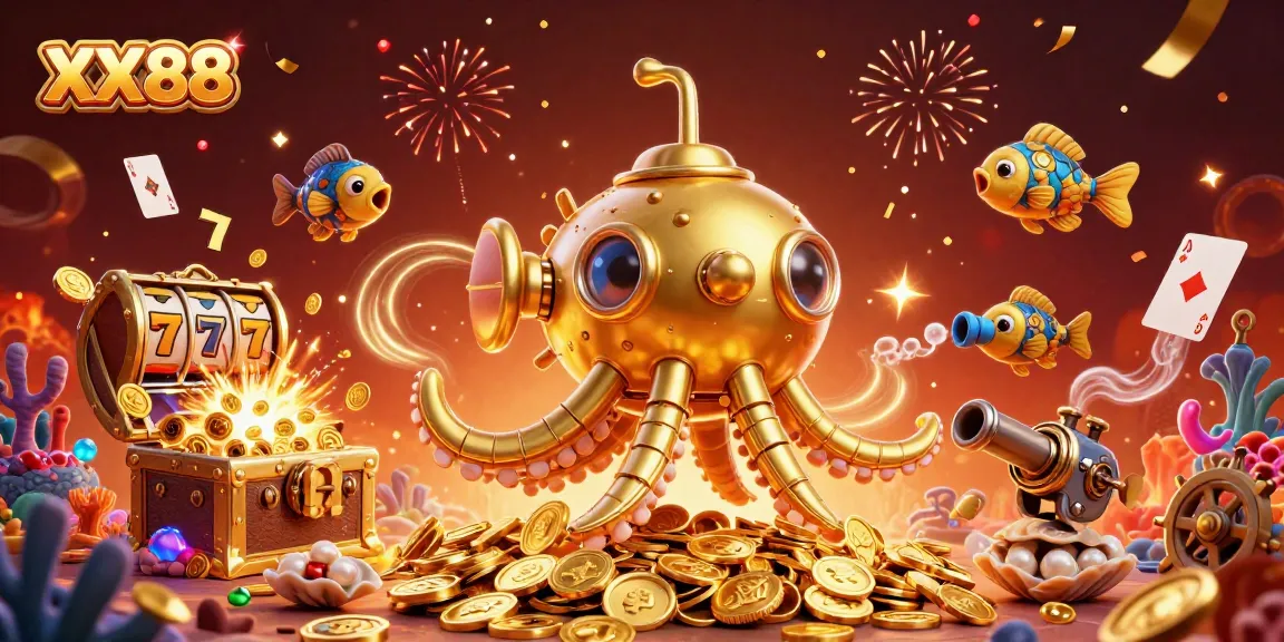 Experience thrilling gameplay at XX88 with dynamic slot reels, golden kraken, and mechanical fish in action.