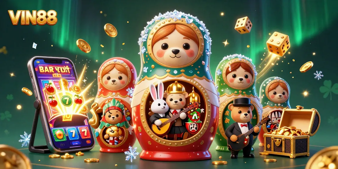 Experience the thrills of VIN88 with vibrant casino elements and charming characters in an exciting digital illustration.