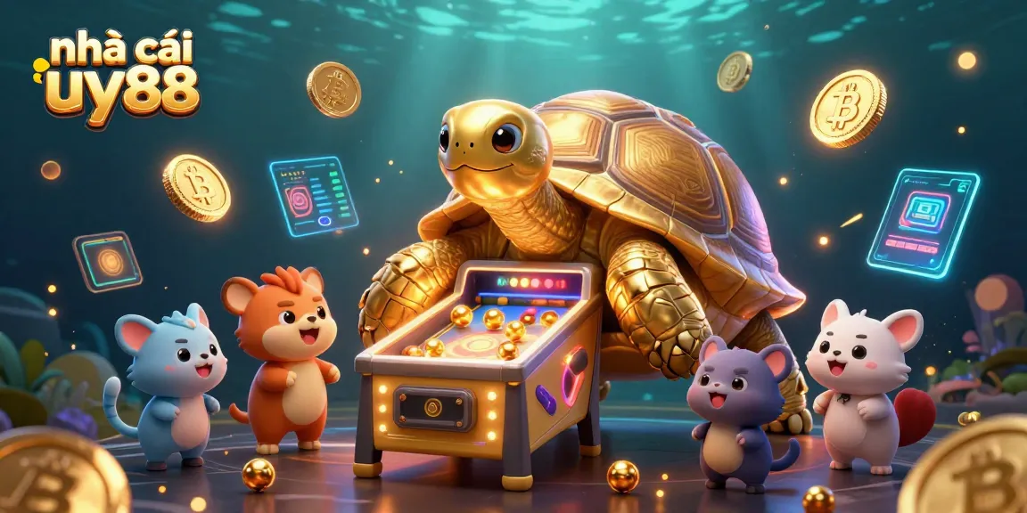 Engaging scene from nhà cái uy88 featuring a colossal golden tortoise as a pinball machine, vibrant gambling elements.