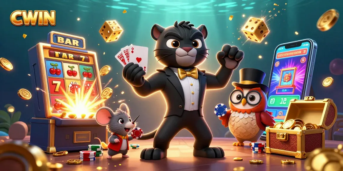 CWIN showcases a stylish panther dealer with poker chips in a vibrant casino scene, bursting with jackpots and excitement.