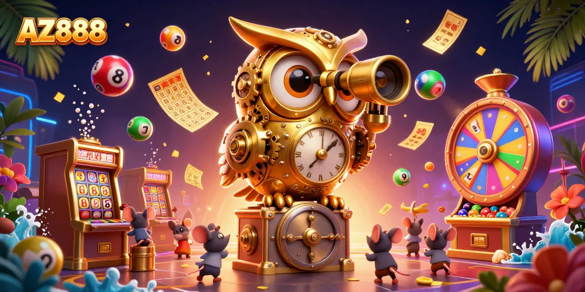 Engage in dynamic casino action with the AZ888 logo featuring a clockwork owl and wind-up mice.