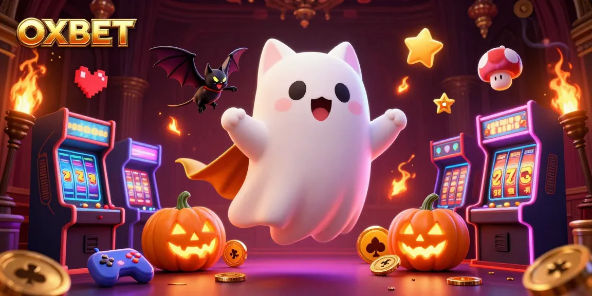 Experience thrilling wins at OXBET with a playful ghost cat and vibrant casino elements in a haunted mansion.