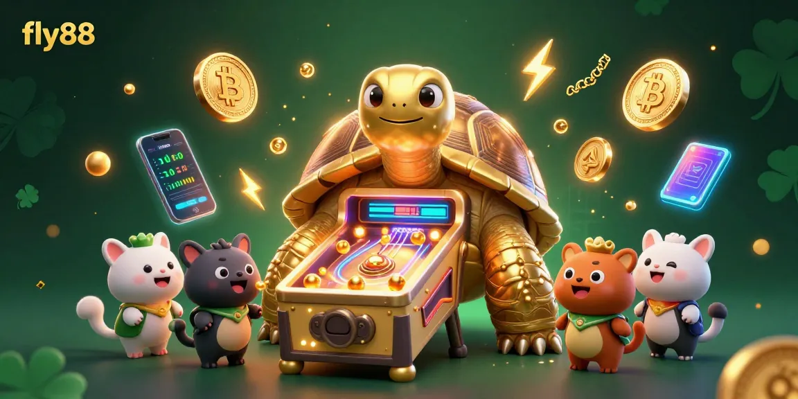 Experience the excitement of fly88 with unique gaming elements, featuring a golden tortoise and crypto symbols.