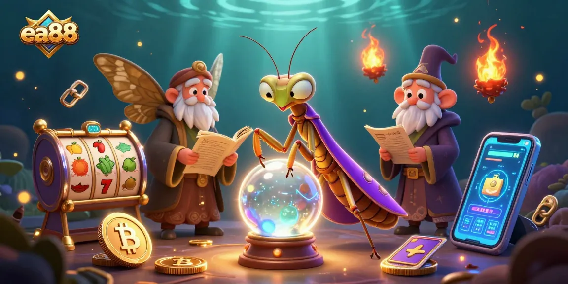 Experience thrilling slots at ea88 with a vibrant scene of fortune tellers and digital gold.