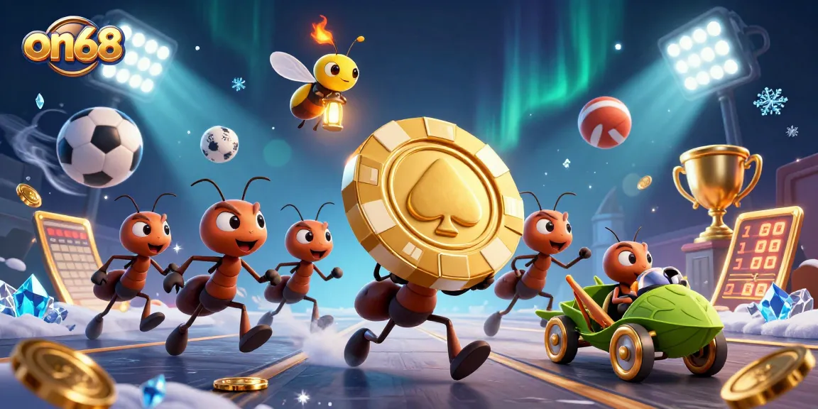 Experience thrilling gameplay on68 with ants heisting a giant golden poker chip in this vibrant casino scene.