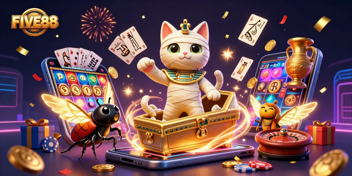 Engage with stunning FIVE88 features in an exciting pyramid casino setting, showcasing vibrant slot games and unique characters.