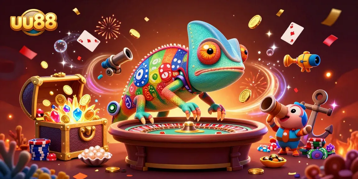Elevate your game with uu88's vibrant 3D casino scene, featuring a playful chameleon and rich elements.