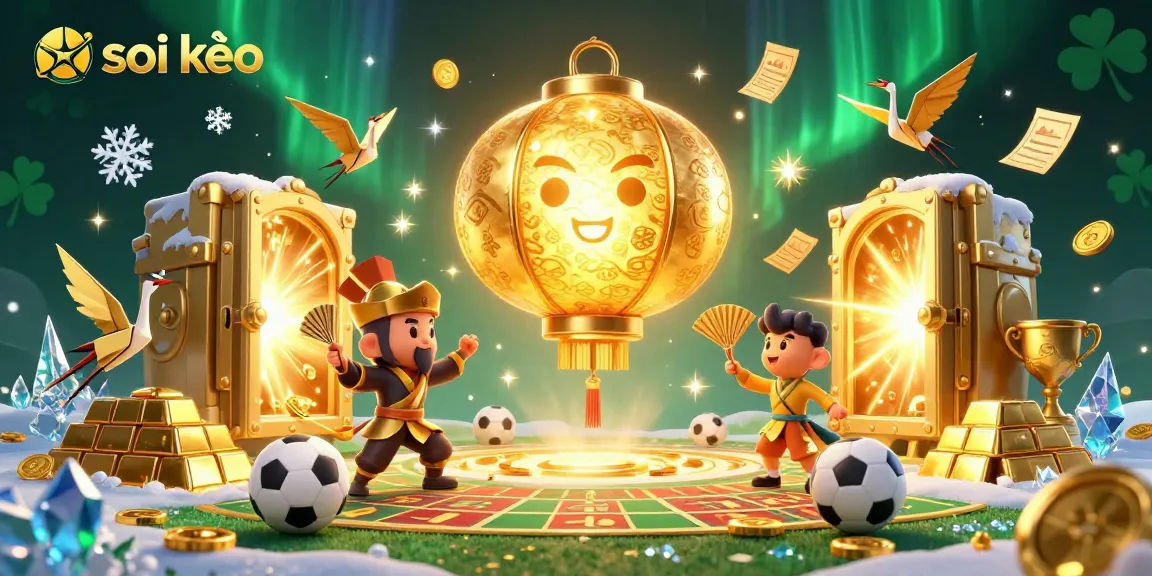 Soi kèo with a golden lantern spirit leading a thrilling sports betting scene filled with treasures and tokens