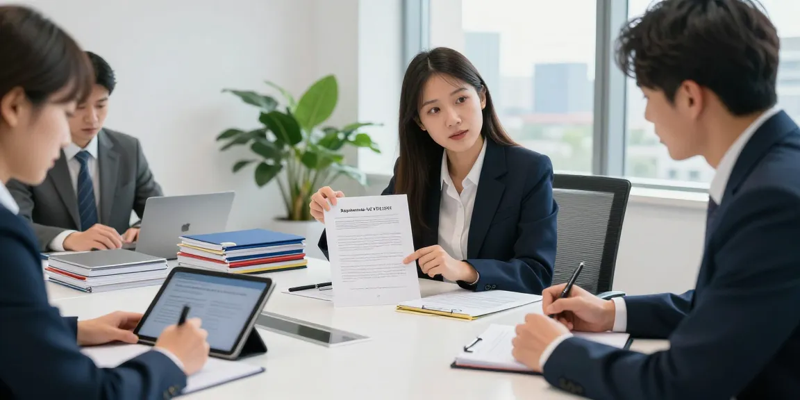 Professionisti discutono il Regolamento UE 1935/2004 in un ufficio legale moderno, documenti e tablet presenti.
