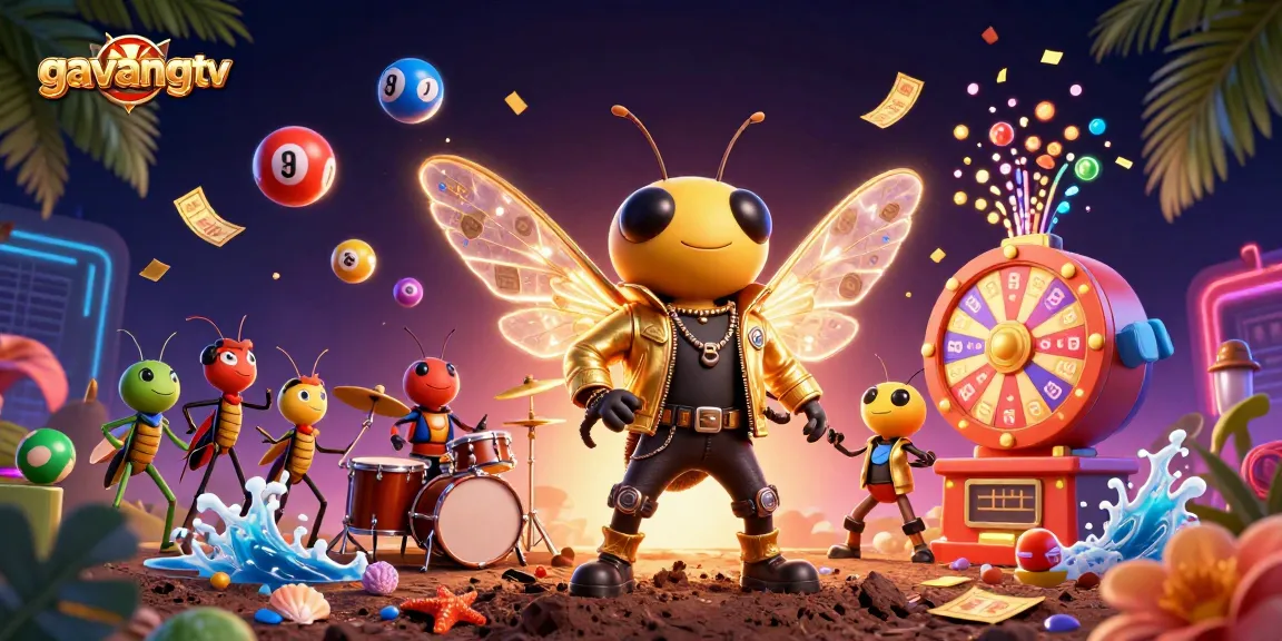 Experience thrill at gavangtv with a lively rock star cicada amidst colorful lottery elements.
